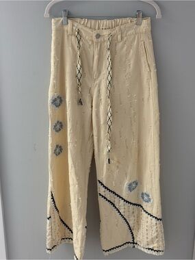 POL Cream Wide-Leg Boho Embroidered Pants with Drawstring